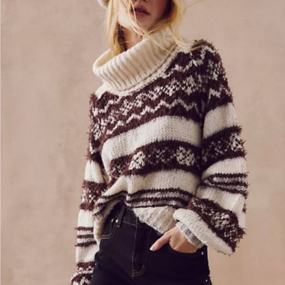Free People Brown and Cream Striped Cowl Neck Sweater